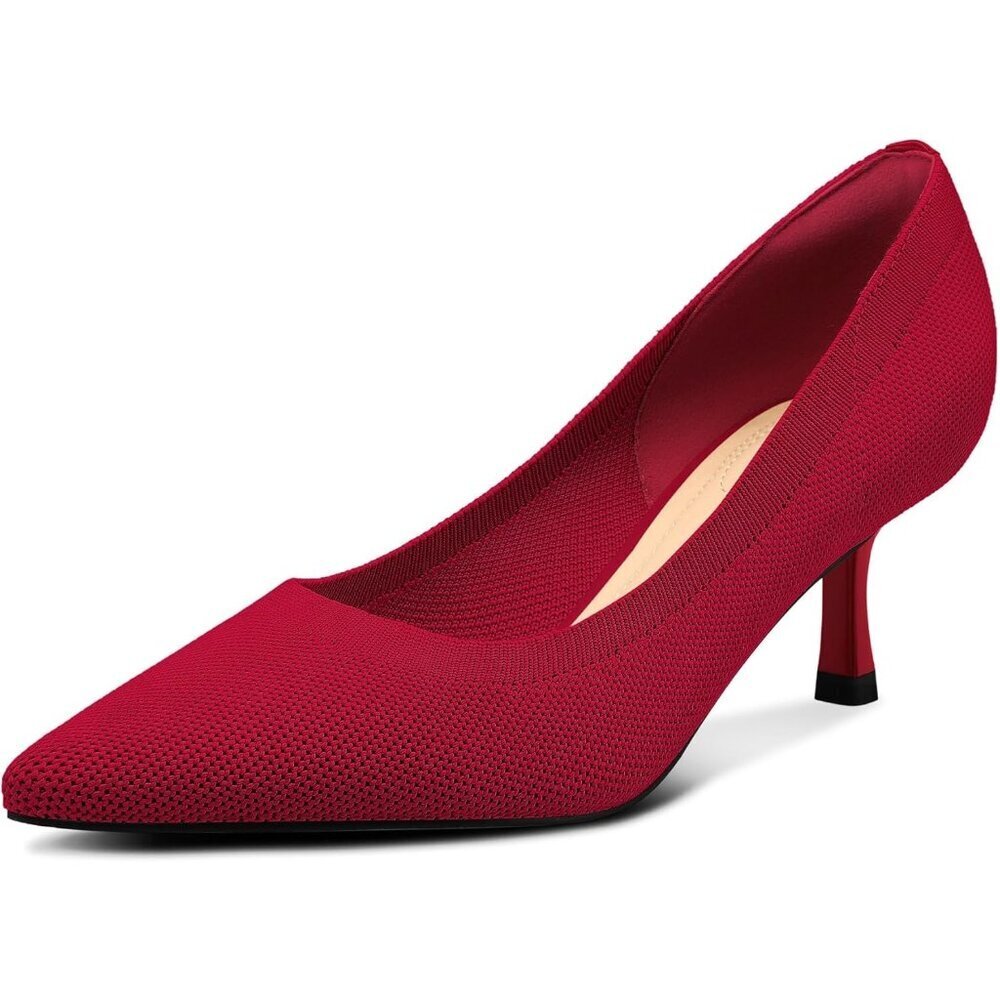 🆕Women's Red Knitting Pumps 2 inch Kitten Heel Pointed Toe Low Heel Dress Shoes